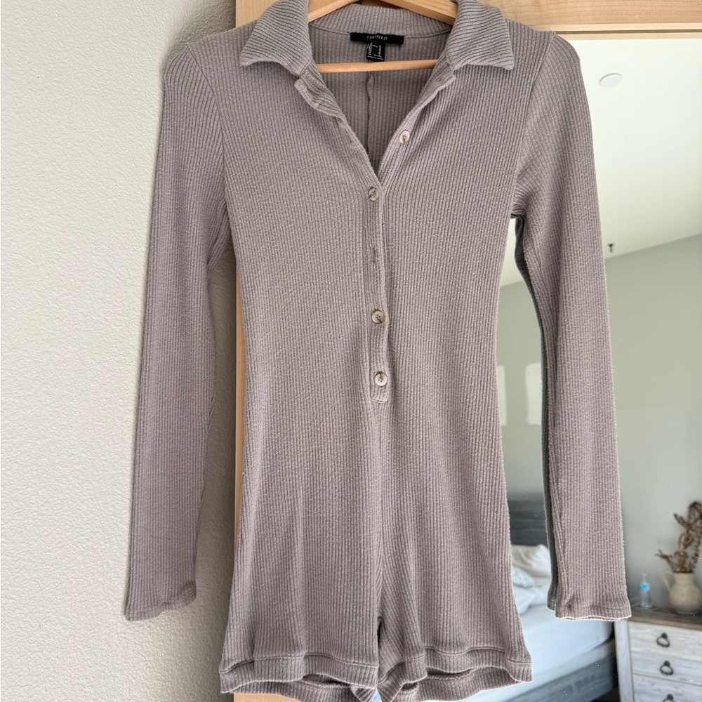Gray Long Sleeve Button-Up Romper